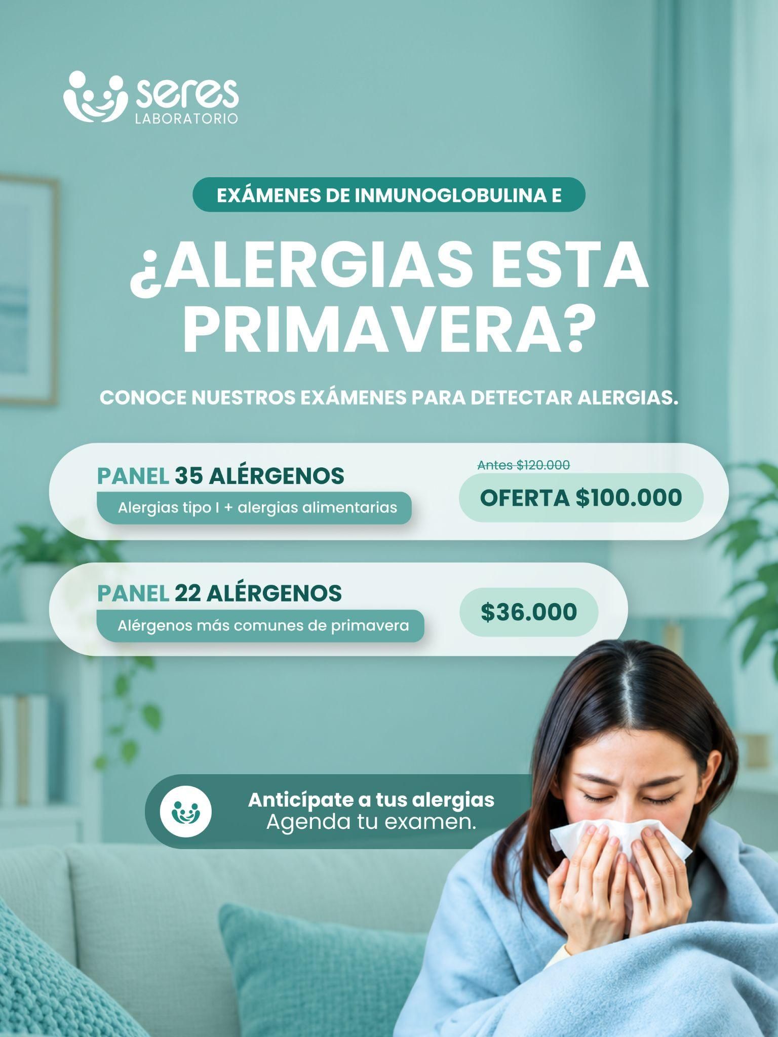 Mujer estornudando en su living. Exámenes de inmunoglobulina E: panel 35 alérgenos oferta $100.000, panel 22 alérgenos $36.000.