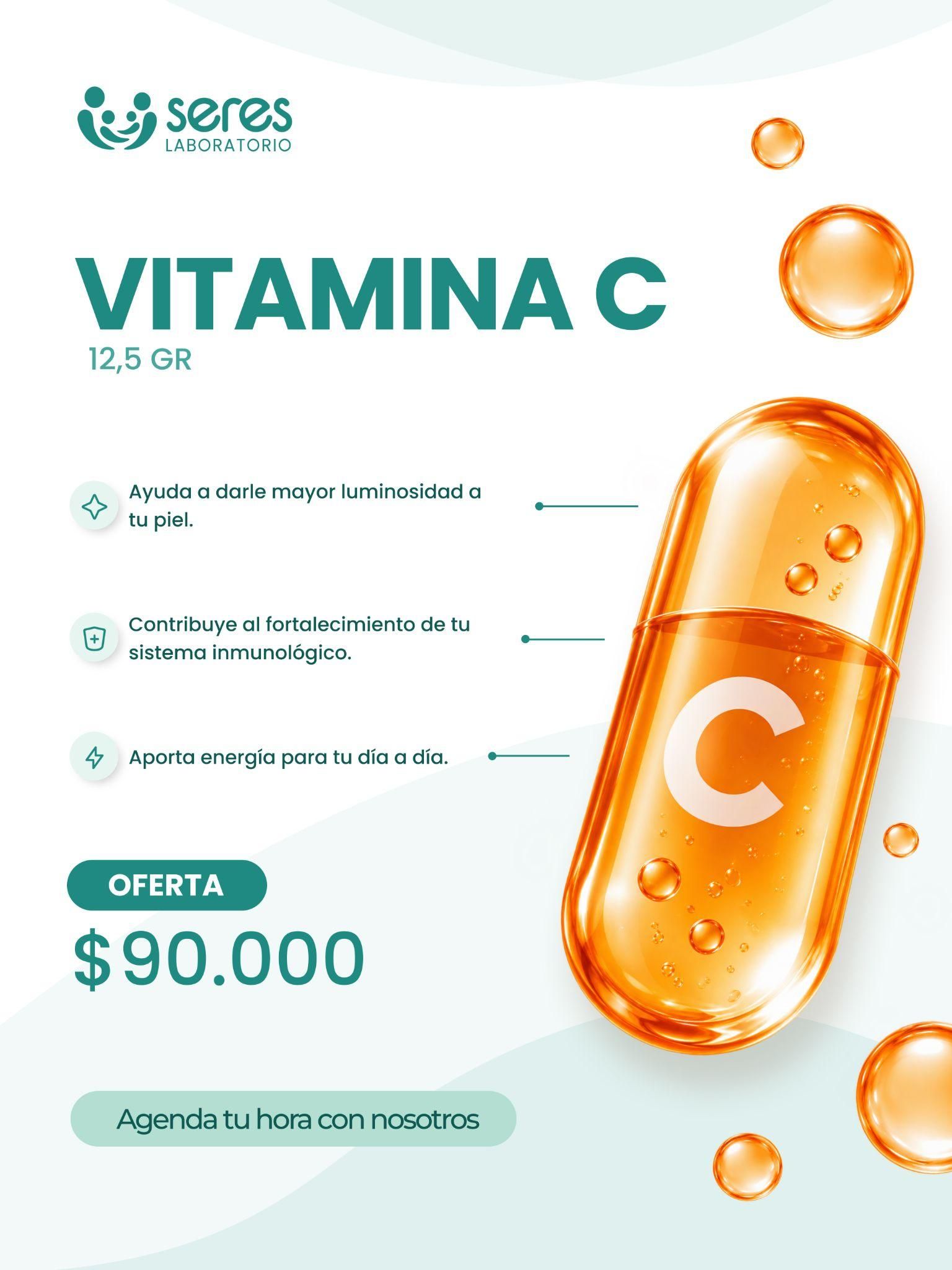 Cápsula naranja de vitamina C. Vitamina C 12,5 g, oferta $90.000. Agenda tu hora con nosotros.